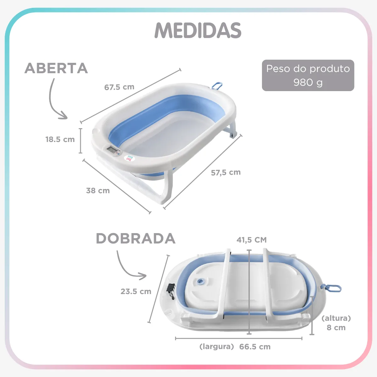 Medidas da banheira aberta e dobrada