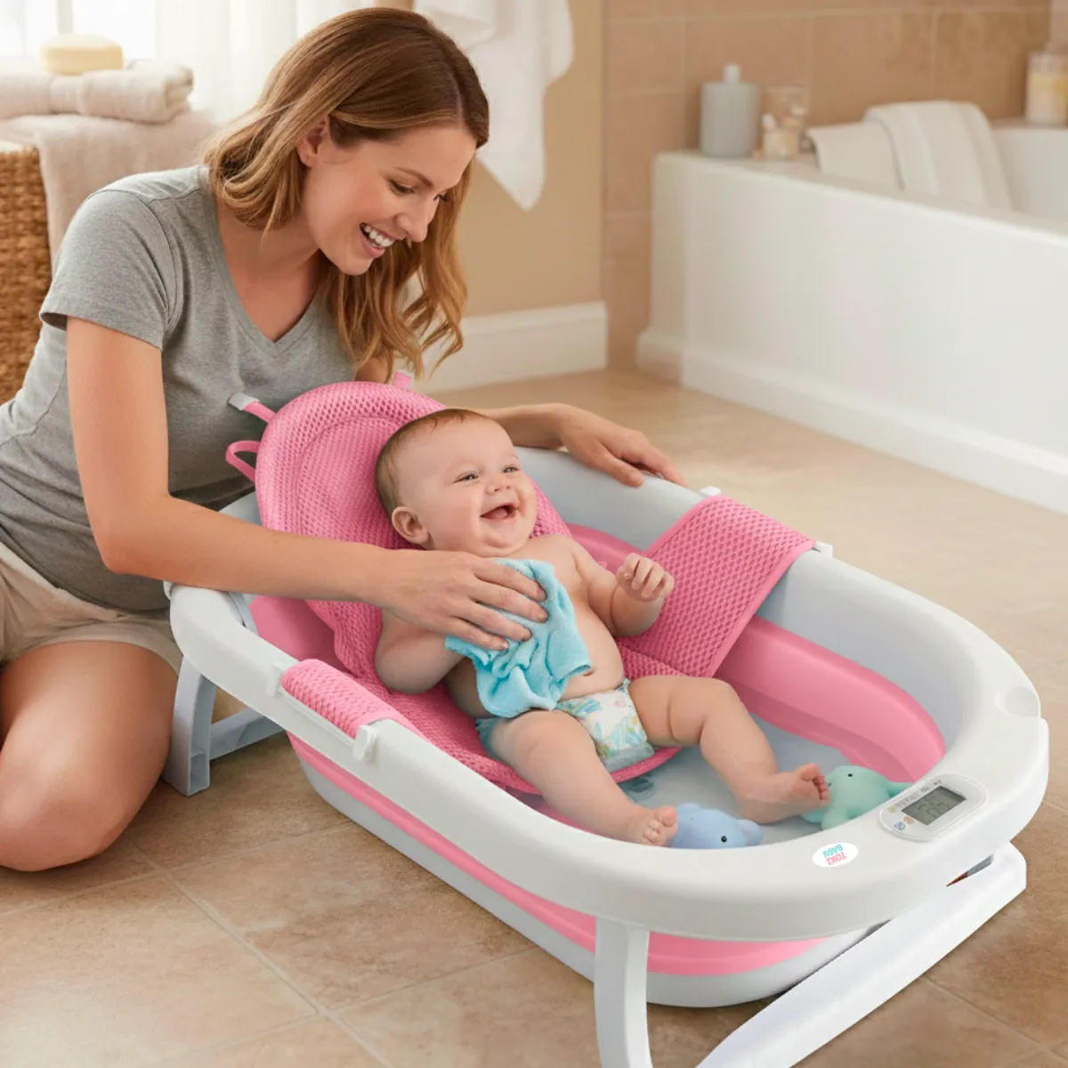 Mãe e bebê sorrindo na banheira Toki Baby