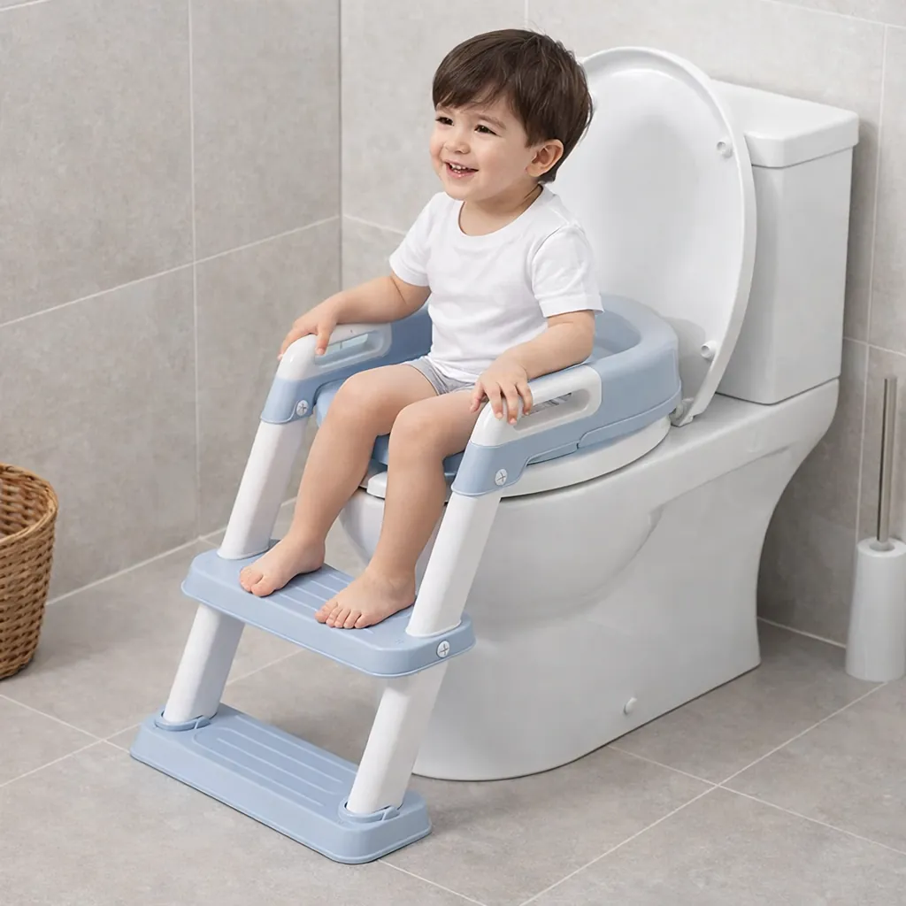 Criança usando o assento redutor com escada Toki Baby